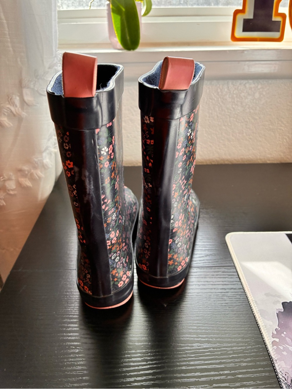 Kids Floral Rain Boots in Navy with Pink Accents - Picture 4 of 5